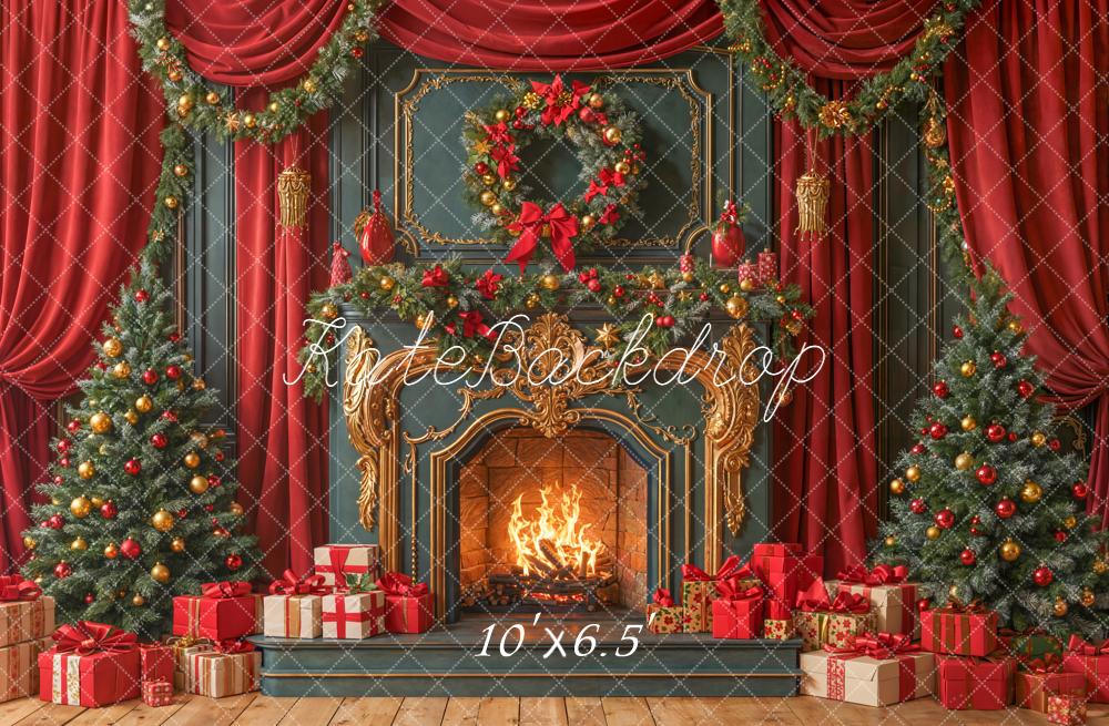 Kate Noël Cheminée Sapins Guirlandes Cadeaux Toile de fond conçue par Emetselch - Kate Backdrop FR