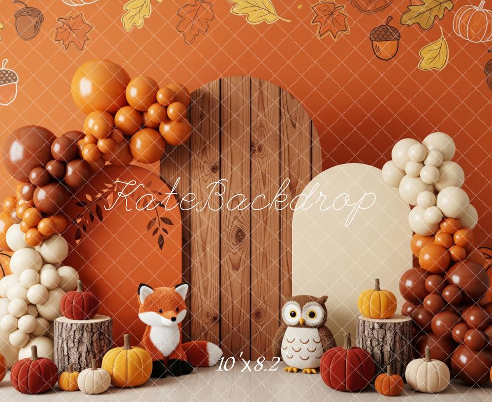 Kate Automne Ballons Renard Hibou Citrouilles Toile de fond conçue par Patty Roberts - Kate Backdrop FR
