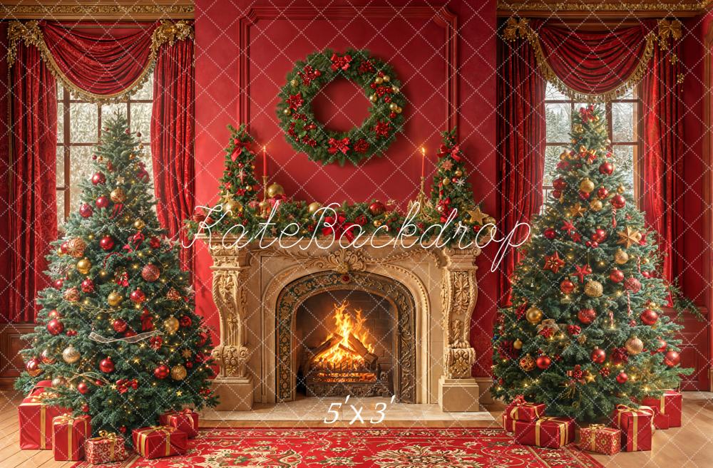 Kate Noël Cheminée Sapins Cadeaux Rouge Toile de fond conçue par Emetselch - Kate Backdrop FR