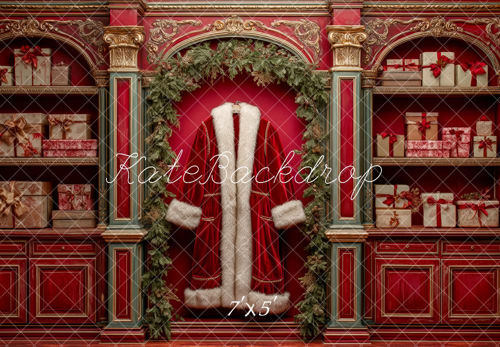 Kate Père Noël Veste Rouge Cadeaux Toile de fond conçue par Patty Roberts - Kate Backdrop FR