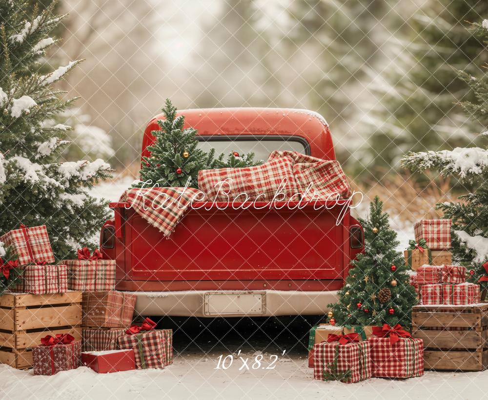 Kate Noël Camion Rouge Cadeaux Sapins Toile de fond conçue par Emetselch - Kate Backdrop FR