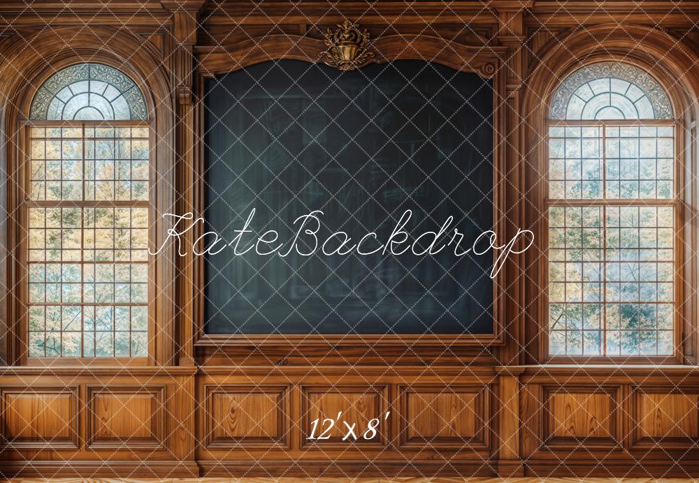 Kate Scolaire Tableau Noir Fenêtres Bois Toile de fond en Laine conçue par Emetselch - Kate Backdrop FR