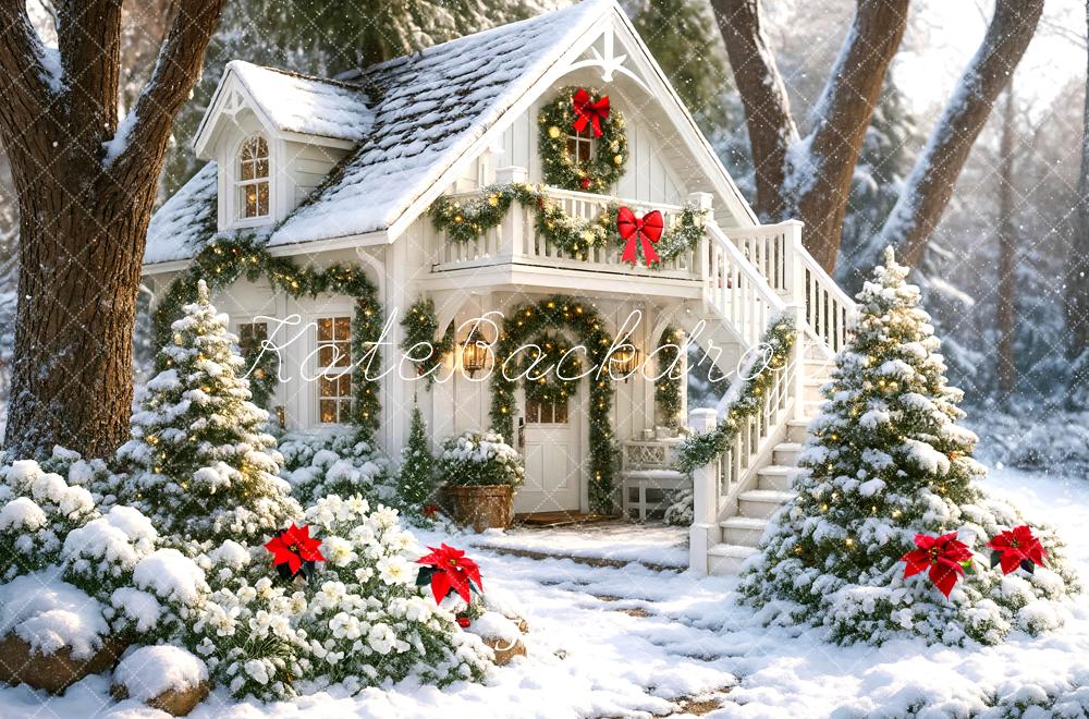 Kate Noël Maison Hiver Neige Arbres Toile de fond conçue par Mini MakeBelieve - Kate Backdrop FR
