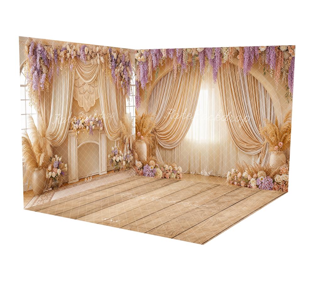 Kate Mariage Fleurs Boho Arche Rideaux Beige Toile de fond Ensemble de chambre