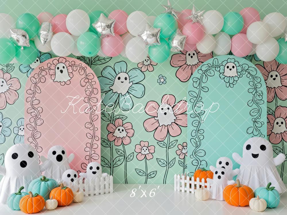 Kate Halloween Fantômes Citrouilles Fleurs Toile de fond conçue par Patty Roberts - Kate Backdrop FR