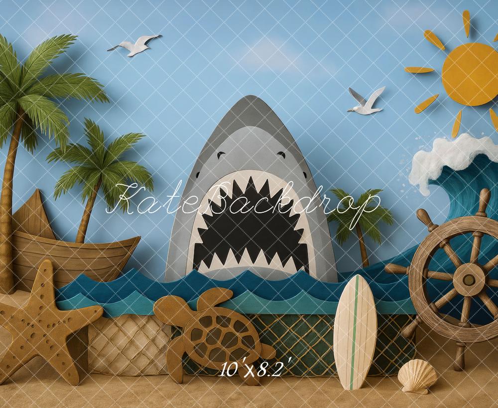 Kate Océan Requin Palmiers Vague Toile de fond conçue par Mini MakeBelieve - Kate Backdrop FR