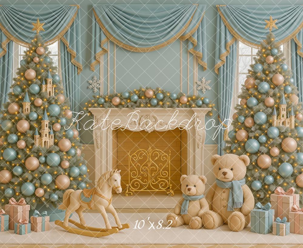 Kate Noël Sapins Ours Cheminée Cadeaux Toile de fond conçue par Ashley Paul