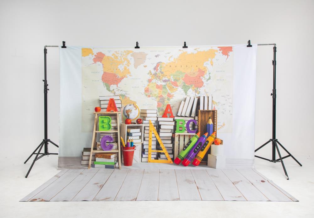 Kate Retour à l'école Carte du monde Livres Toile de fond conçu par Emetselch - Kate Backdrop FR
