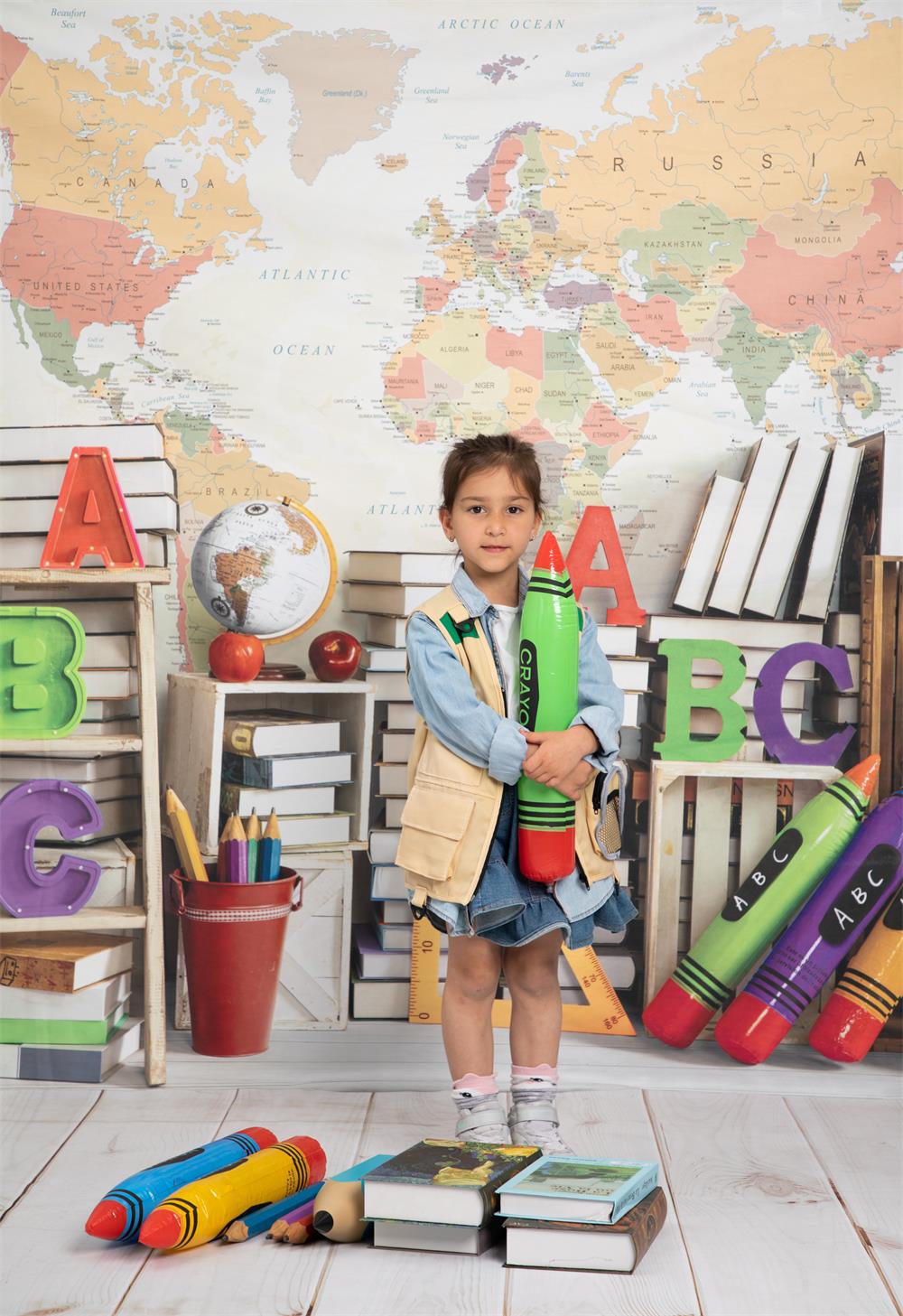 Kate Retour à l'école Carte du monde Livres Toile de fond conçu par Emetselch - Kate Backdrop FR