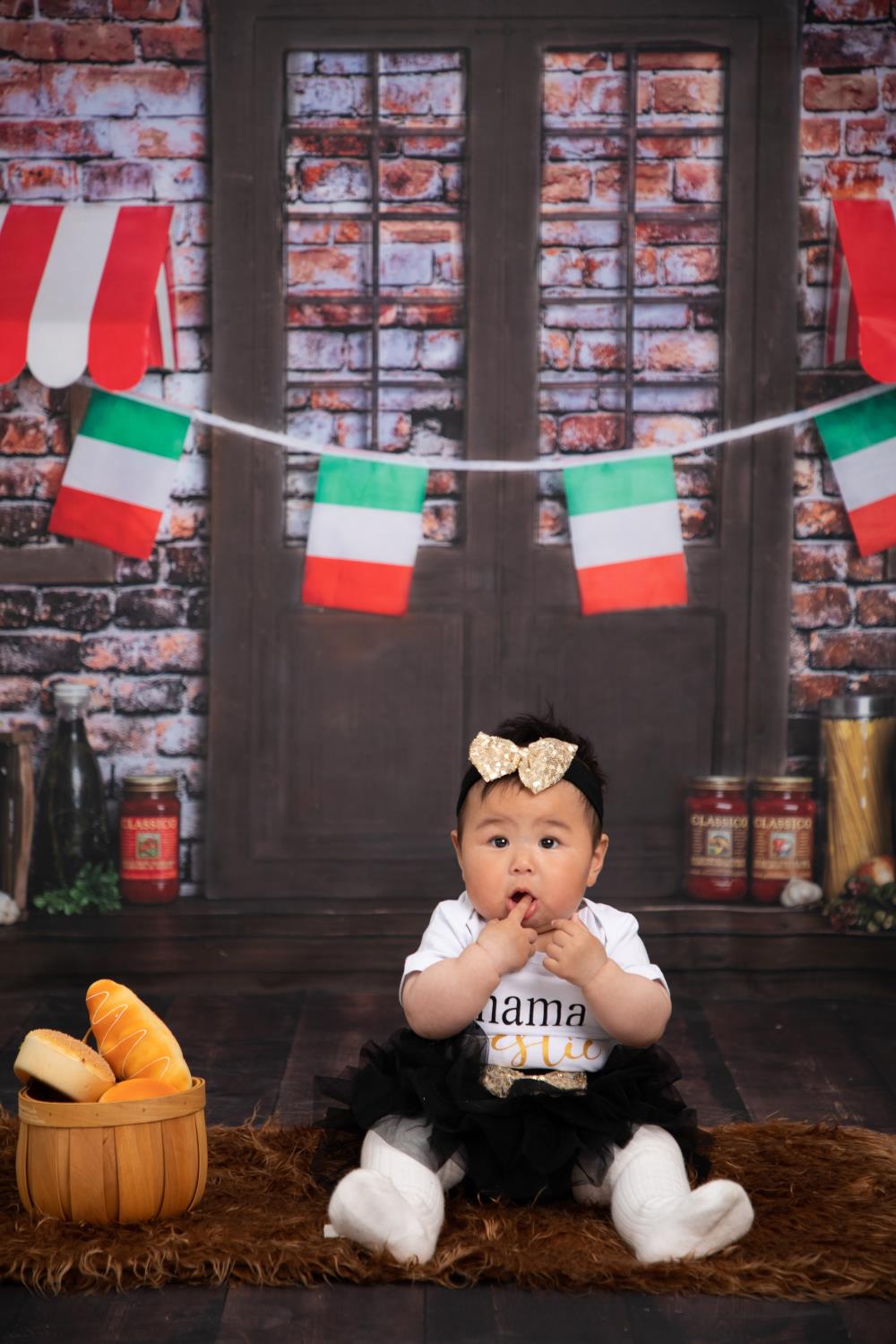 Kate Spaghetti Cake smash Brique Cuisine Pain Toile de fond conçue par Rose Abbas - Kate Backdrop FR