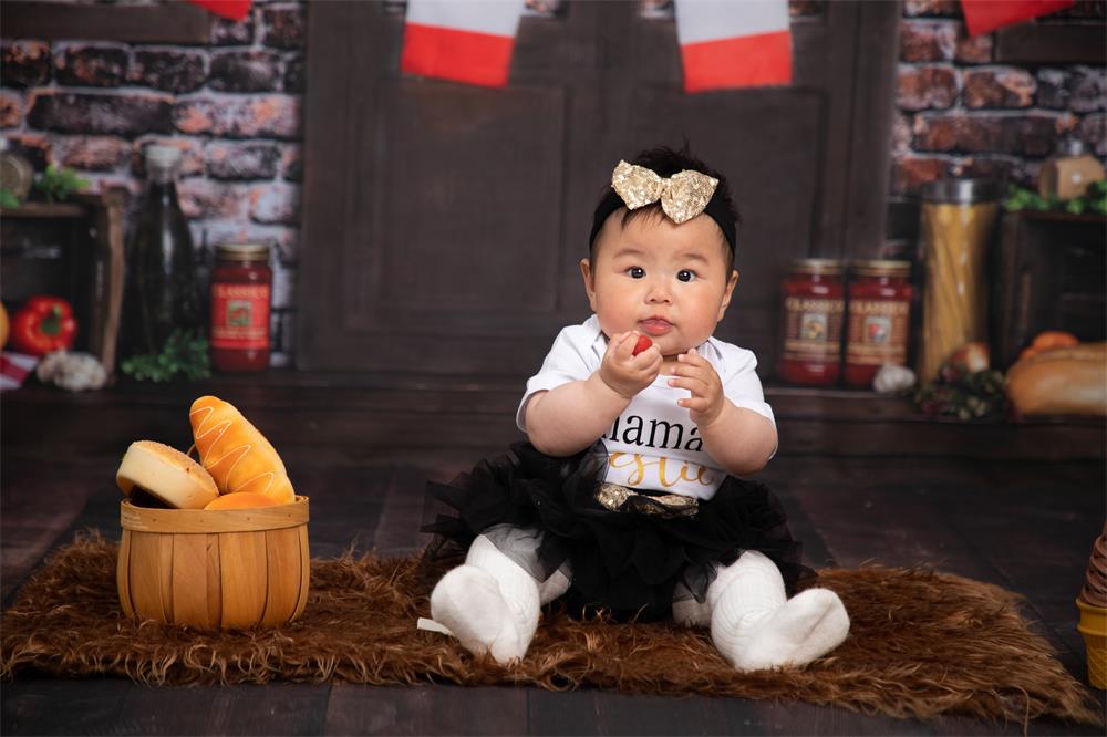 Kate Spaghetti Cake smash Brique Cuisine Pain Toile de fond conçue par Rose Abbas - Kate Backdrop FR