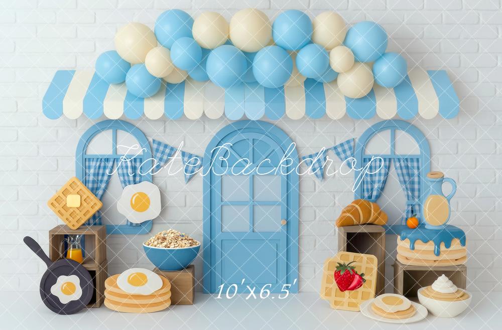 Kate Anniversaire Petit Déjeuner Ballons Bleu Toile de fond conçue par Mini MakeBelieve - Kate Backdrop FR