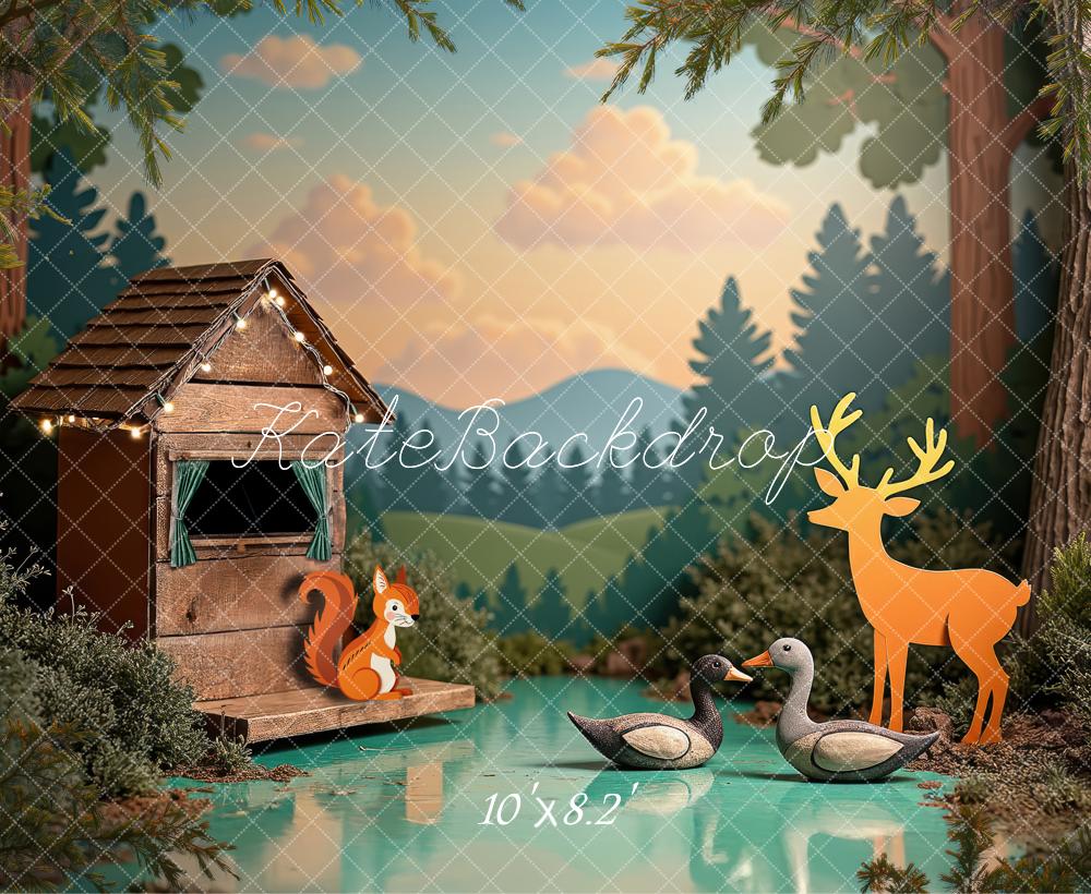 Kate Forêt Lac Maison Animaux Toile de fond conçue par Laura Bybee