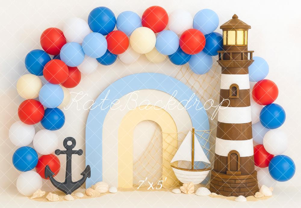 Kate Anniversaire Marin Phare Bateau Ballons Toile de fond conçue par Mini MakeBelieve