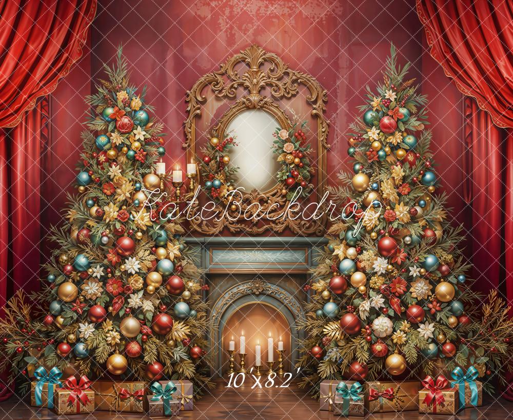 Kate Noël Sapins Cheminée Rideaux Cadeaux Toile de fond conçue par Emetselch - Kate Backdrop FR