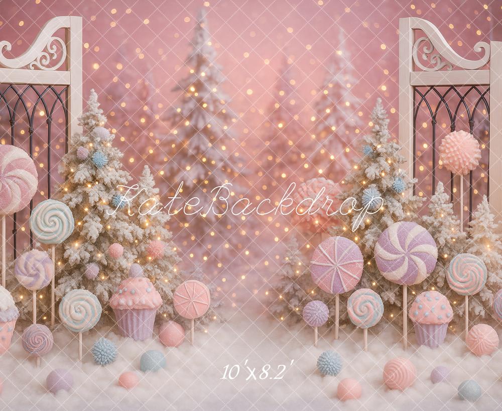 Kate Noël Bonbons Neige Portail Rose Toile de fond conçue par Ashley Paul - Kate Backdrop FR