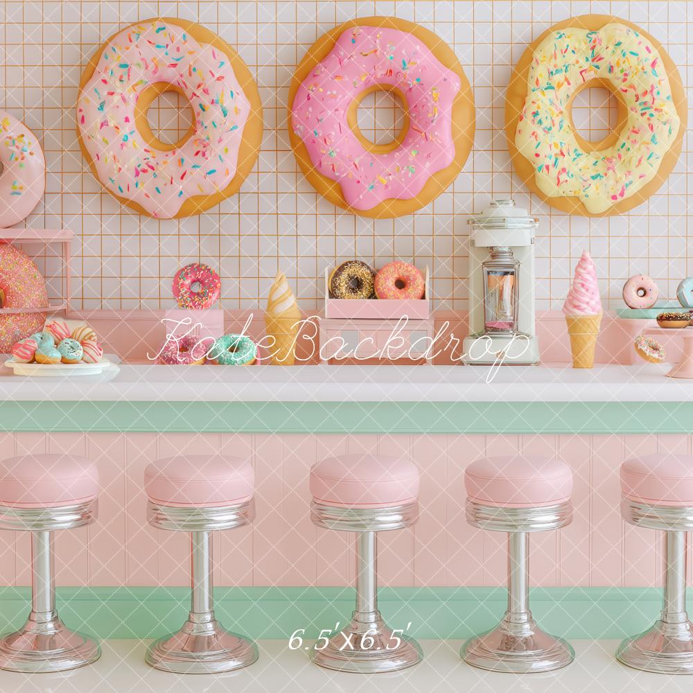 Kate Diner Donuts Bar Rose Pastel Toile de fond conçue par Patty Roberts - Kate Backdrop FR