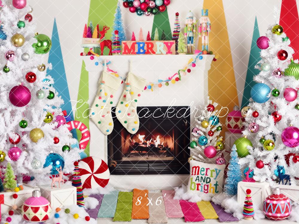Kate Noël Cheminée Sapins Boules Coloré Toile de fond conçue par Mandy Ringe - Kate Backdrop FR