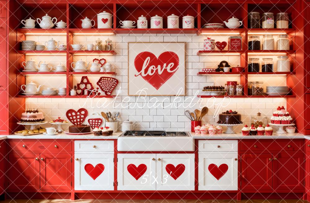 Kate Saint Valentin Cuisine Rouge Cœurs Toile de fond conçue par Emetselch - Kate Backdrop FR