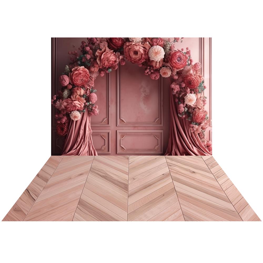 Kate Bohème Arche florale Rose Mur Toile de fond+Beige Bois Tapis de sol en caoutchouc - Kate Backdrop FR
