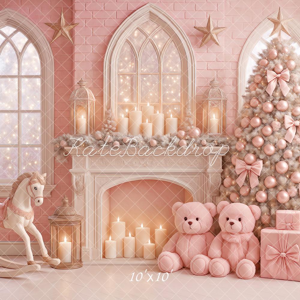 Kate Sapin de Noël Rose Cadeaux Cheminée Toile de fond conçue par Ashley Paul - Kate Backdrop FR