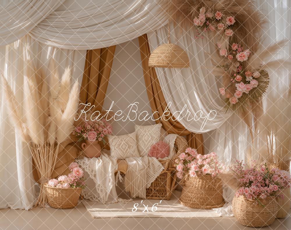 Kate Bohème Fleurs Rideaux Beige Toile de fond en Polar conçue par Emetselch