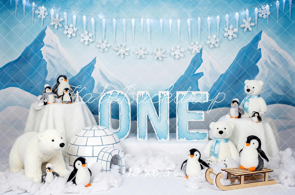Kate Anniversaire Hiver Pingouins Ours Igloo Toile de fond conçue par Patty Roberts - Kate Backdrop FR