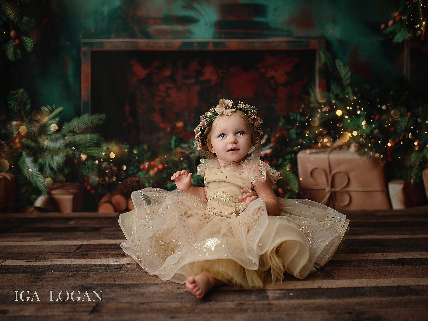 Kate Élégant Vert Noël Cheminée Cadeaux Toile de fond conçue par Patty Robert - Kate Backdrop FR
