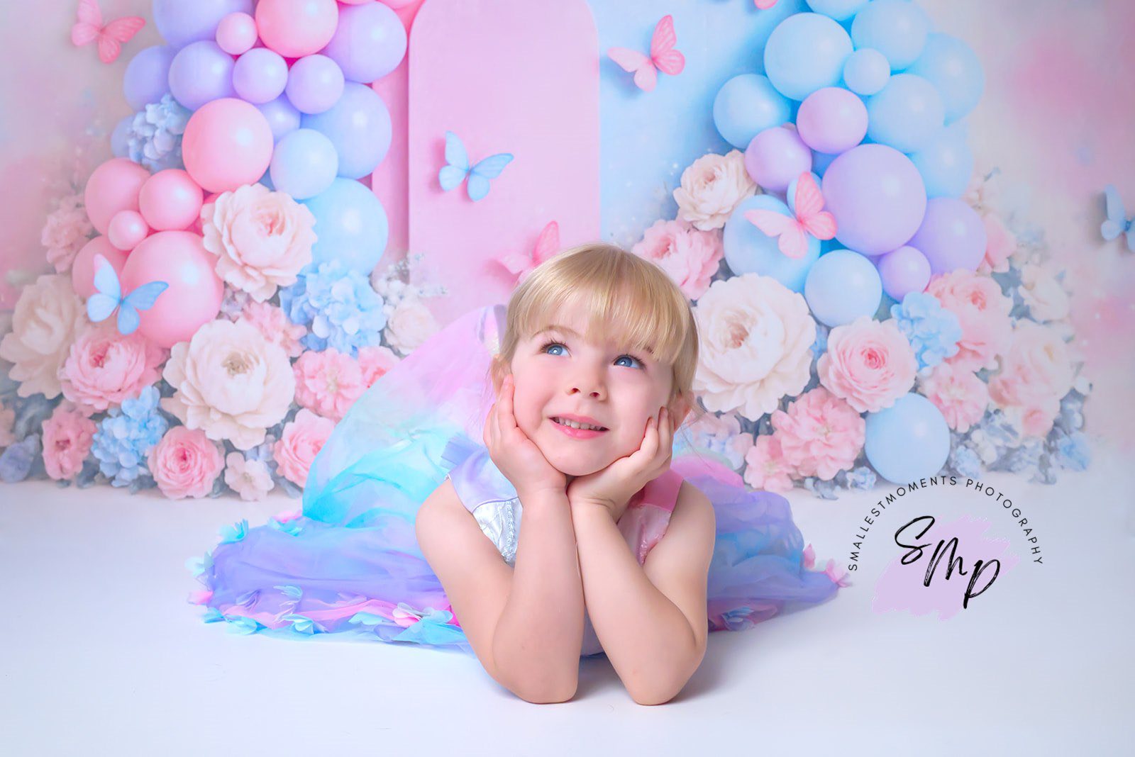Kate Anniversaire Ballons Fleur Papillon Toile de fond conçu par Ashley Paul - Kate Backdrop FR