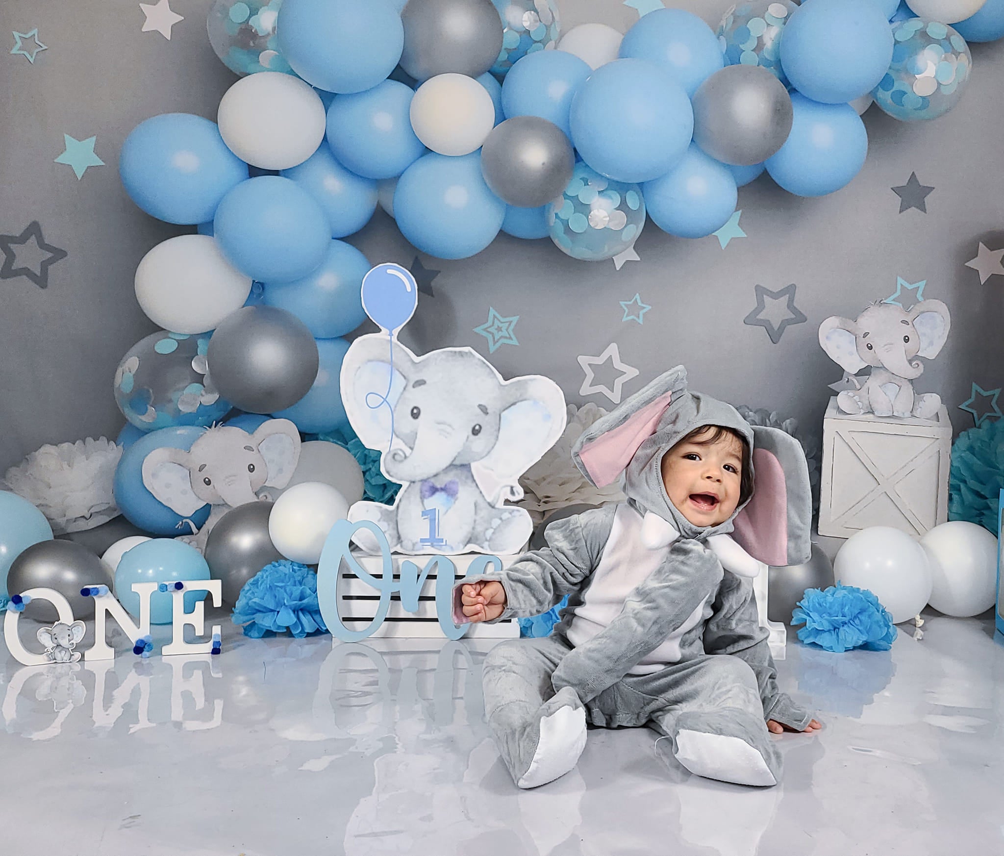 Kate Mur gris Éléphant Cake smash Ballon Bleu Toile de fond conçu par Melissa King - Kate Backdrop FR