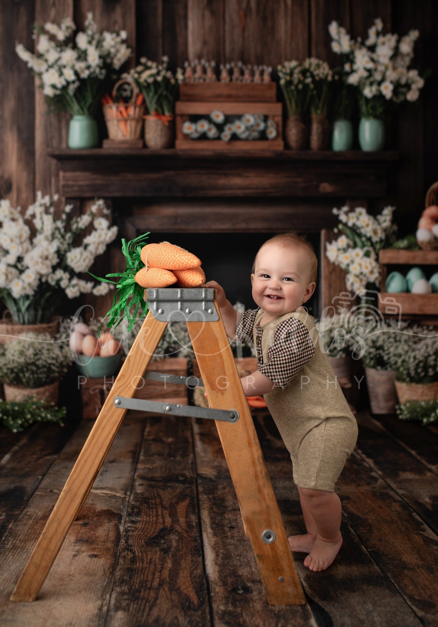 Kate Pâques Cheminée Lapin Rustique Floral Toile de fond conçue par Emetselch - Kate Backdrop FR