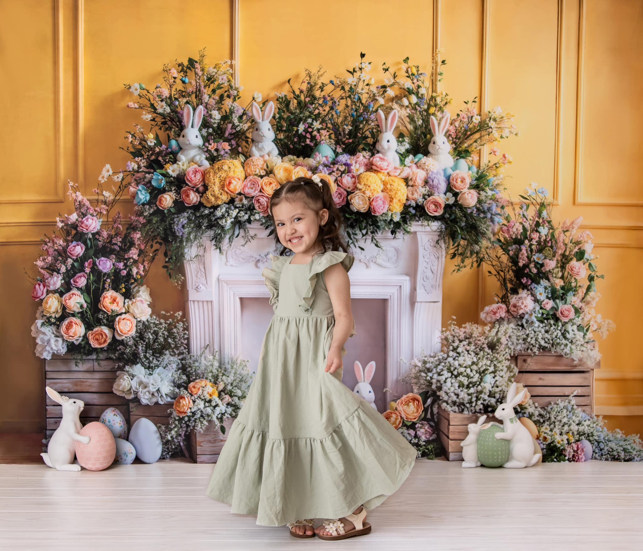 Kate Pâques Lapin Fleur Cheminée Mur Jaune Toile de fond conçue par Emetselch - Kate Backdrop FR