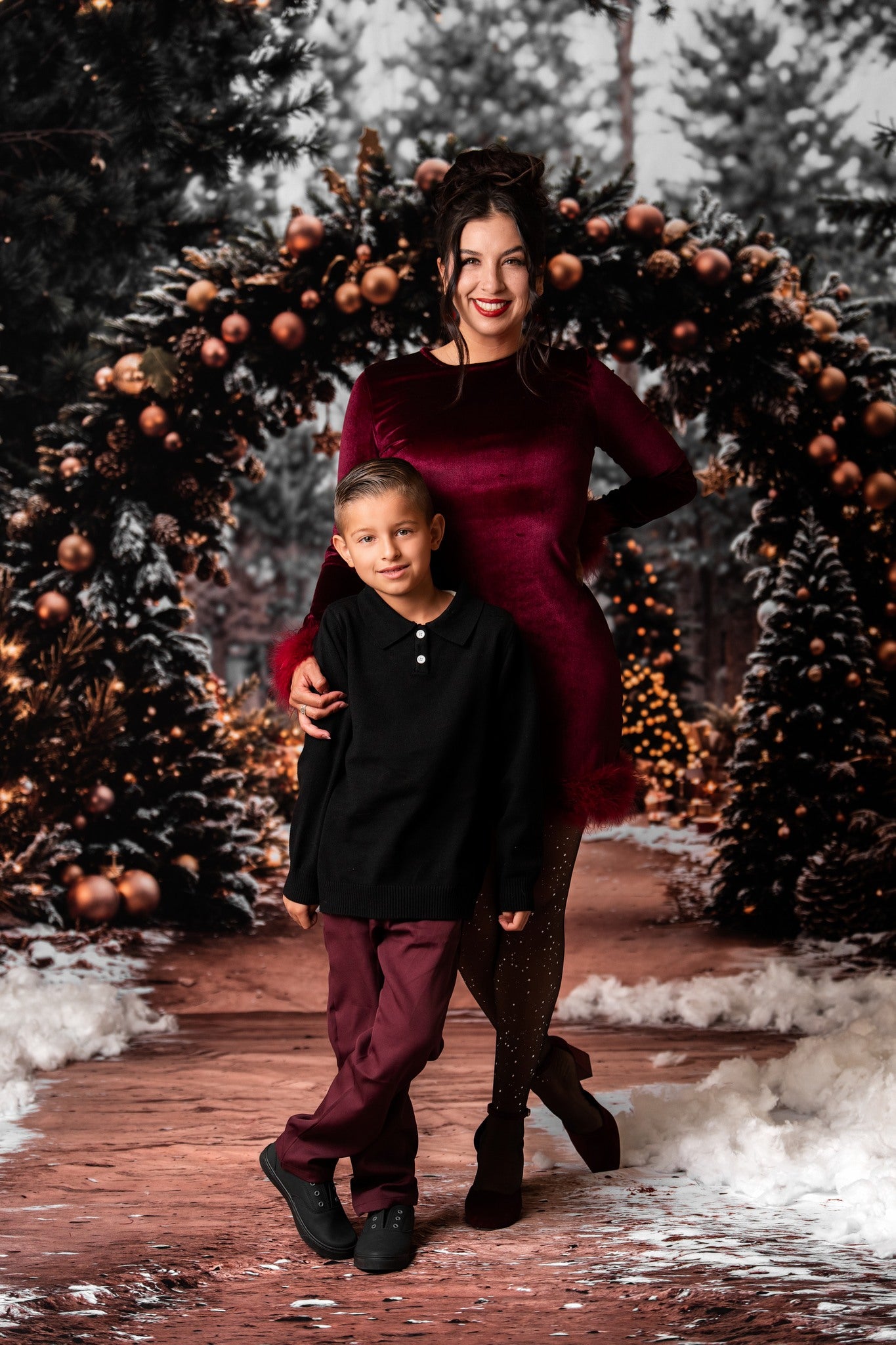 Kate Arbre de Noël Voûte Forêt Décors Doré Toile de fond+Hiver Chemin enneigé Sol Toile de fond - Kate Backdrop FR