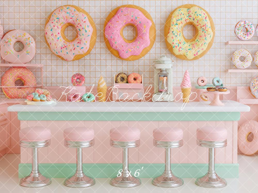 Kate Diner Donuts Bar Rose Pastel Toile de fond conçue par Patty Roberts - Kate Backdrop FR