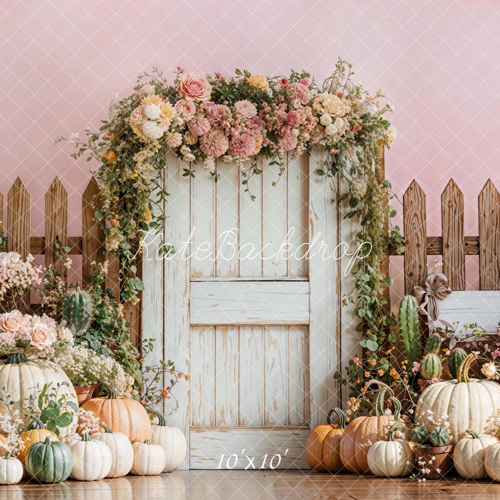 Kate Automne Citrouilles Fleurs Clôture Porte Toile de fond conçue par Emetselch - Kate Backdrop FR