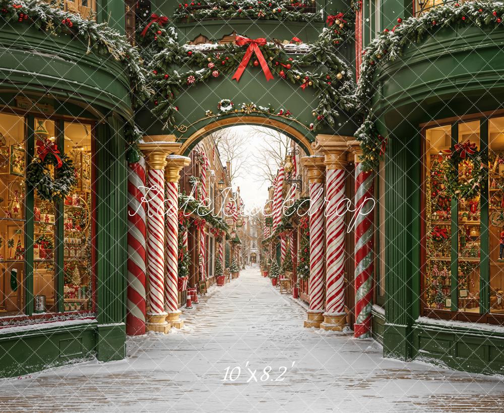 Kate Noël Rue Colonnes Bonbons Neige Toile de fond conçue par Emetselch - Kate Backdrop FR
