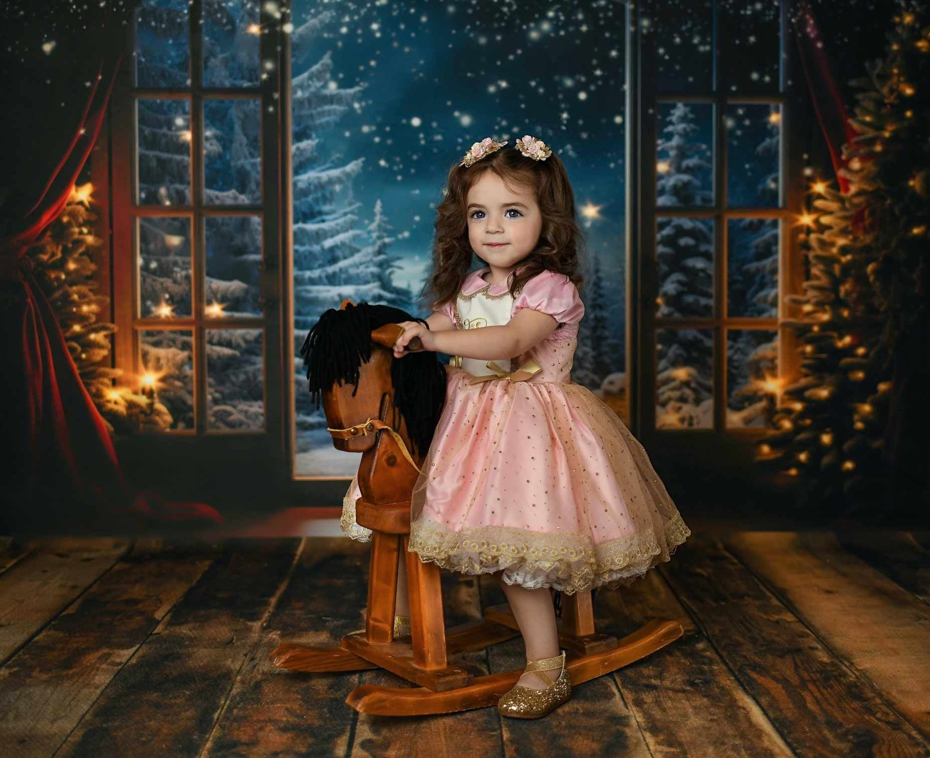 Kate Hiver Noël Arbres Neige Fenêtre Points dorés Toile de fond conçue par Mini MakeBelieve - Kate Backdrop FR