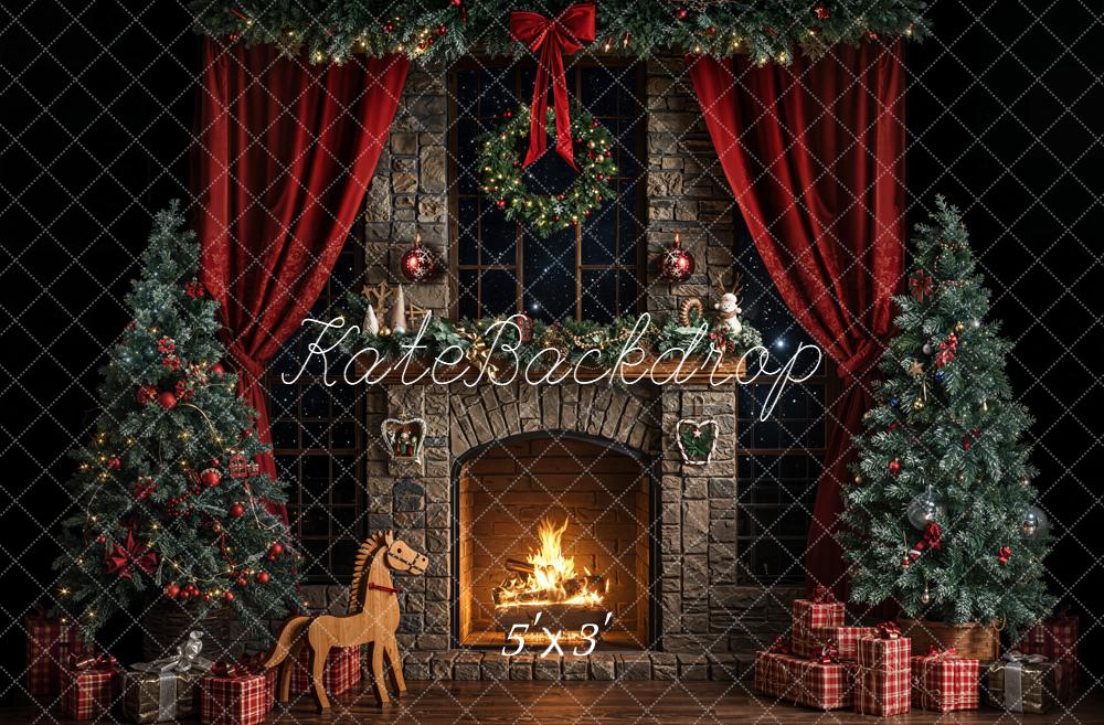 Kate Noël Cheminée Sapins Rideaux Toile de fond conçue par Emetselch - Kate Backdrop FR