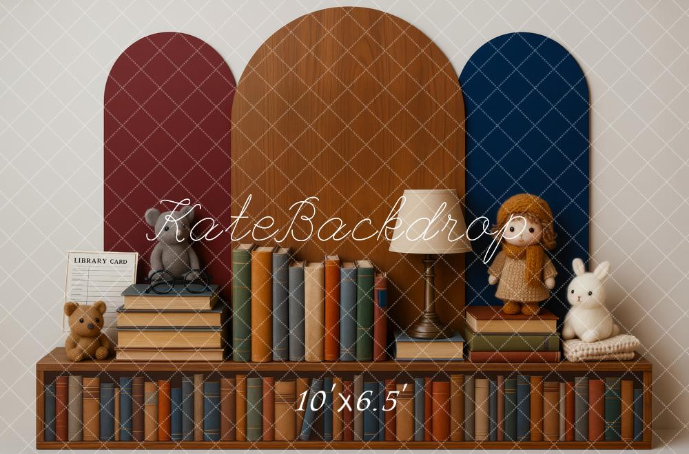 Kate Bibliothèque Jouets Peluches Livres Toile de fond conçue par Patty Roberts - Kate Backdrop FR