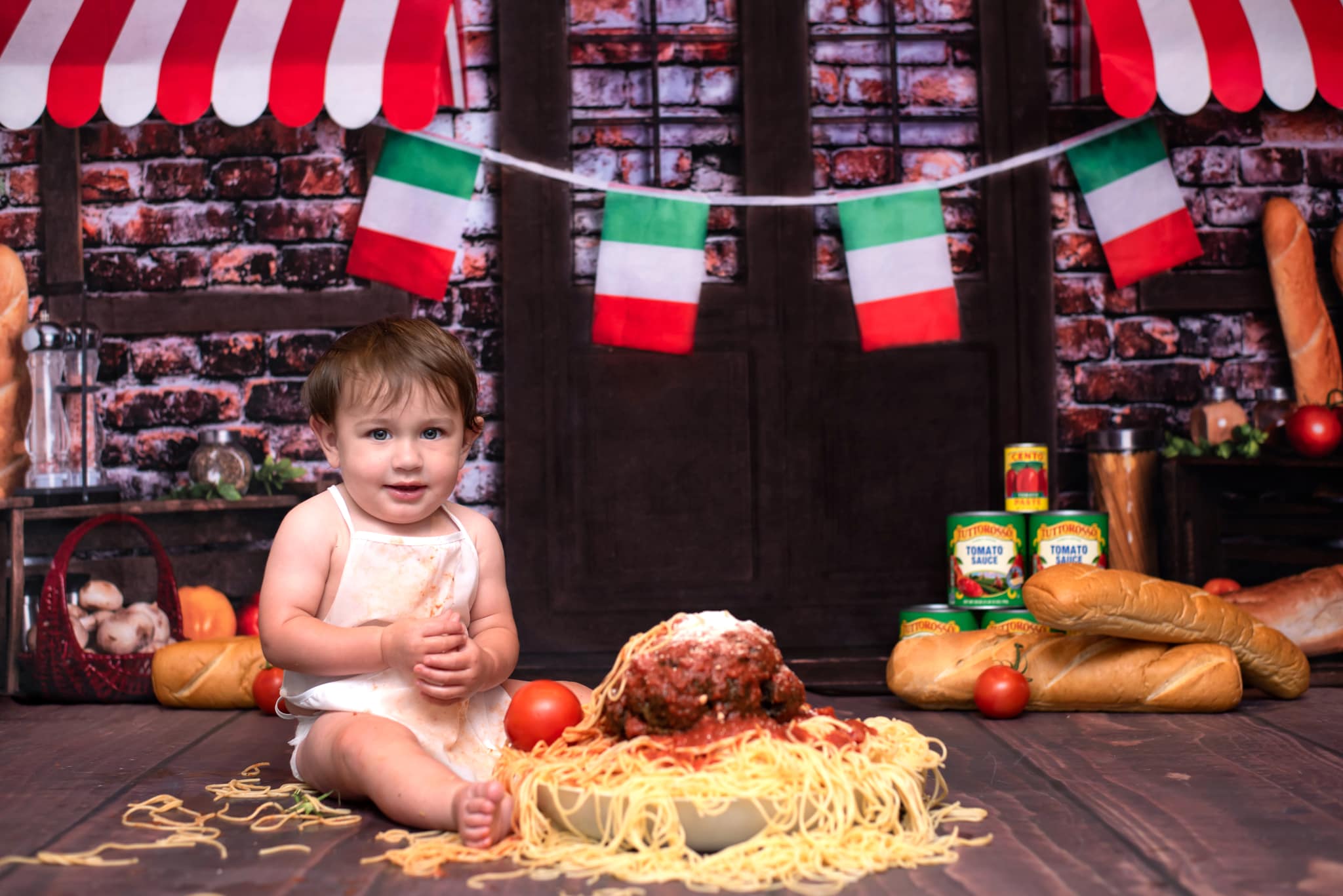 Kate Spaghetti Cake smash Brique Cuisine Pain Toile de fond conçue par Rose Abbas - Kate Backdrop FR