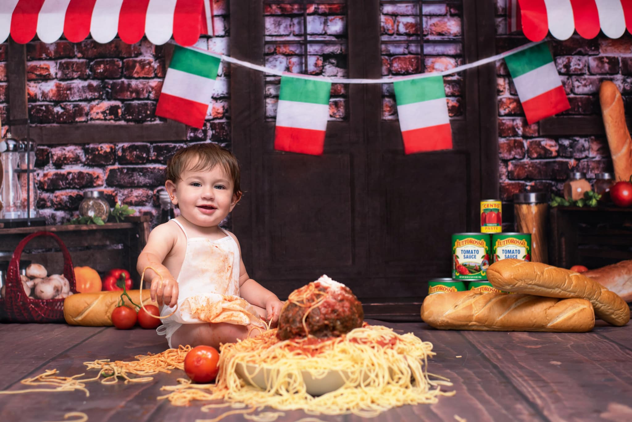 Kate Spaghetti Cake smash Brique Cuisine Pain Toile de fond conçue par Rose Abbas - Kate Backdrop FR