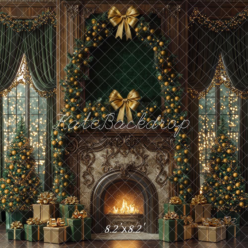 Kate Noël Cheminée Sapins Cadeaux Toile de fond conçue par Mini MakeBelieve - Kate Backdrop FR
