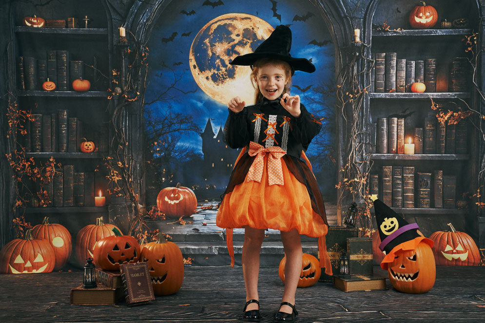 Kate Halloween Citrouille Lune Étagère à livres Toile de fond conçue par Emetselch - Kate Backdrop FR