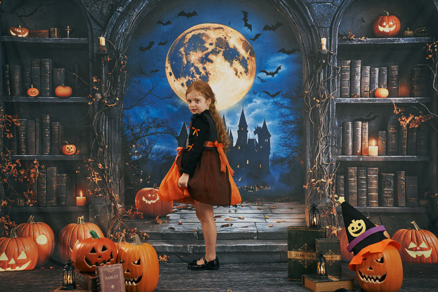Kate Halloween Citrouille Lune Étagère à livres Toile de fond conçue par Emetselch - Kate Backdrop FR