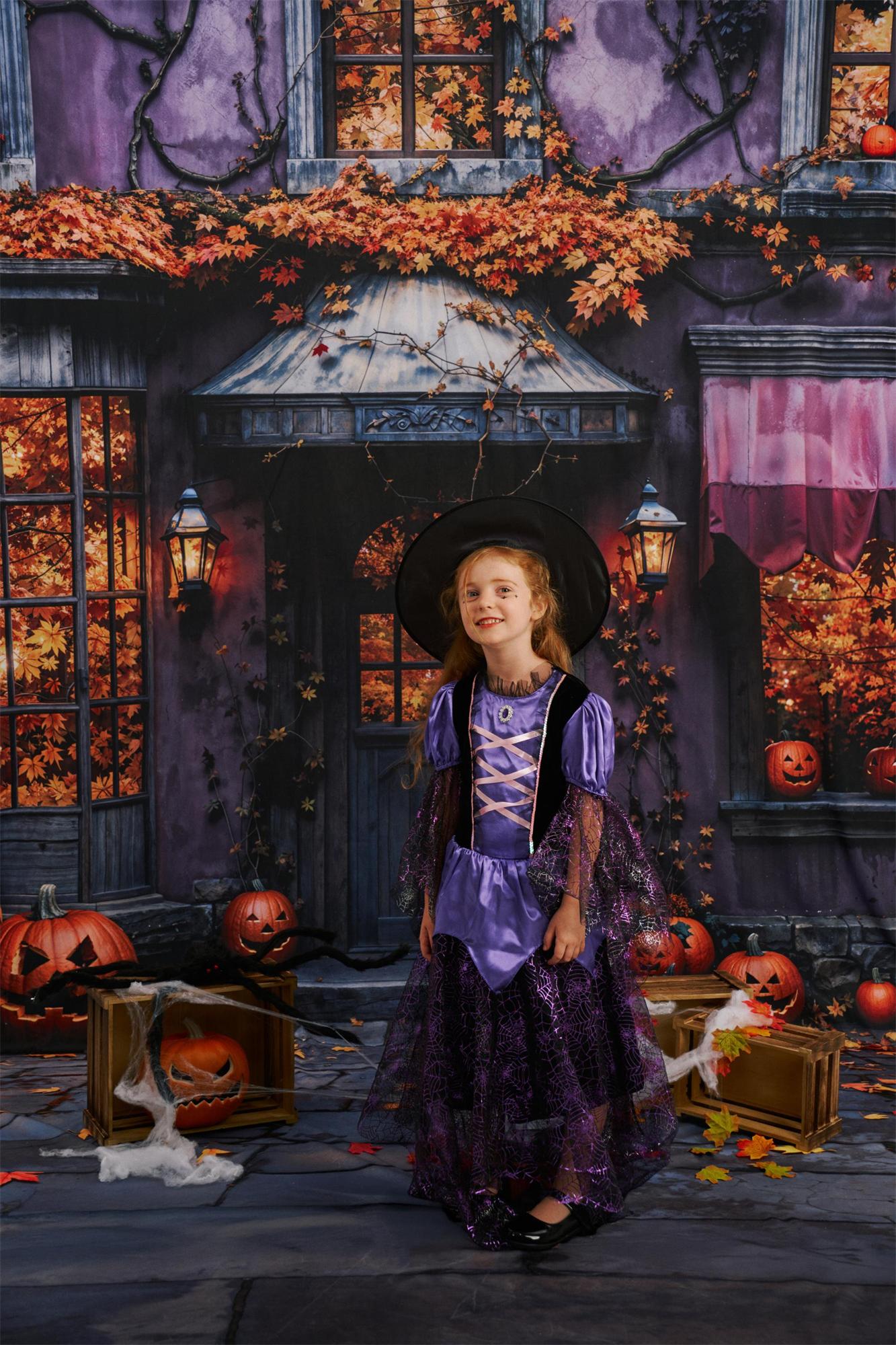Kate Sweep Mur-à-Sol Halloween Chalet Citrouille Feuilles Toile de fond conçue par Emetselch - Kate Backdrop FR