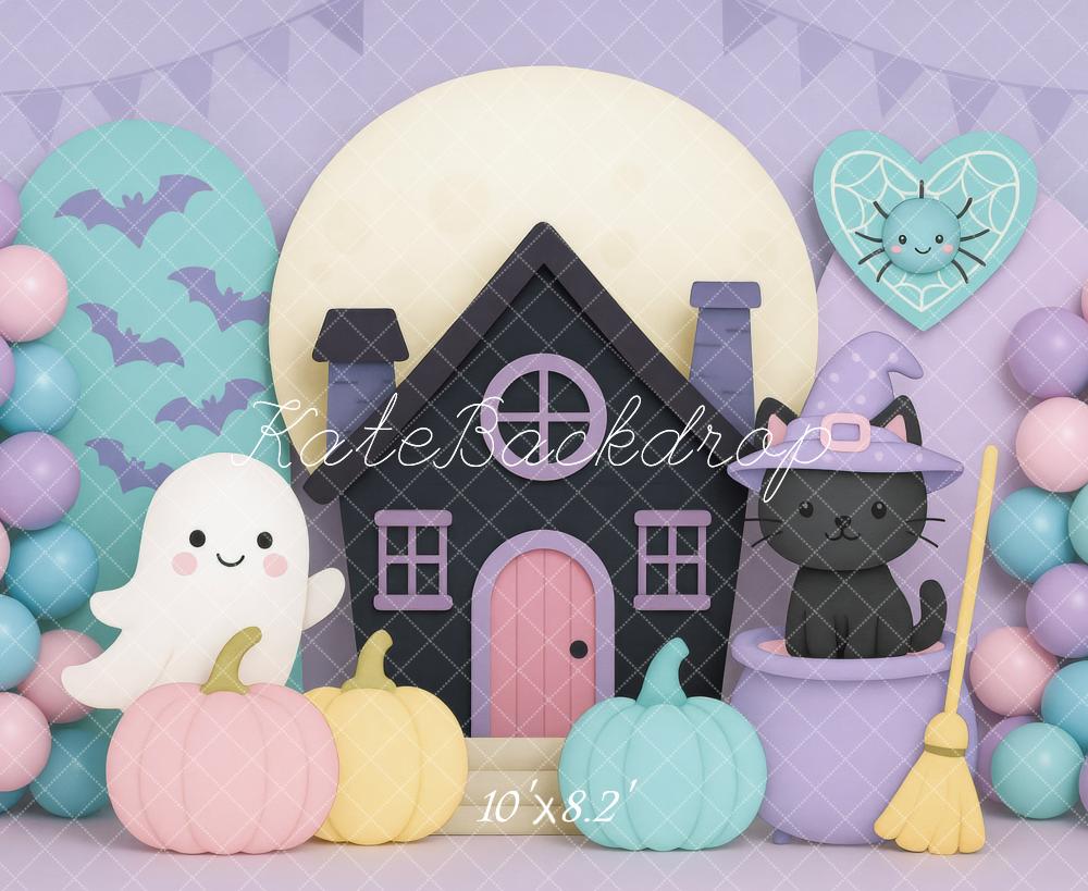 Kate Halloween Maison Chat Fantôme Ballons Toile de fond conçue par Mini MakeBelieve - Kate Backdrop FR
