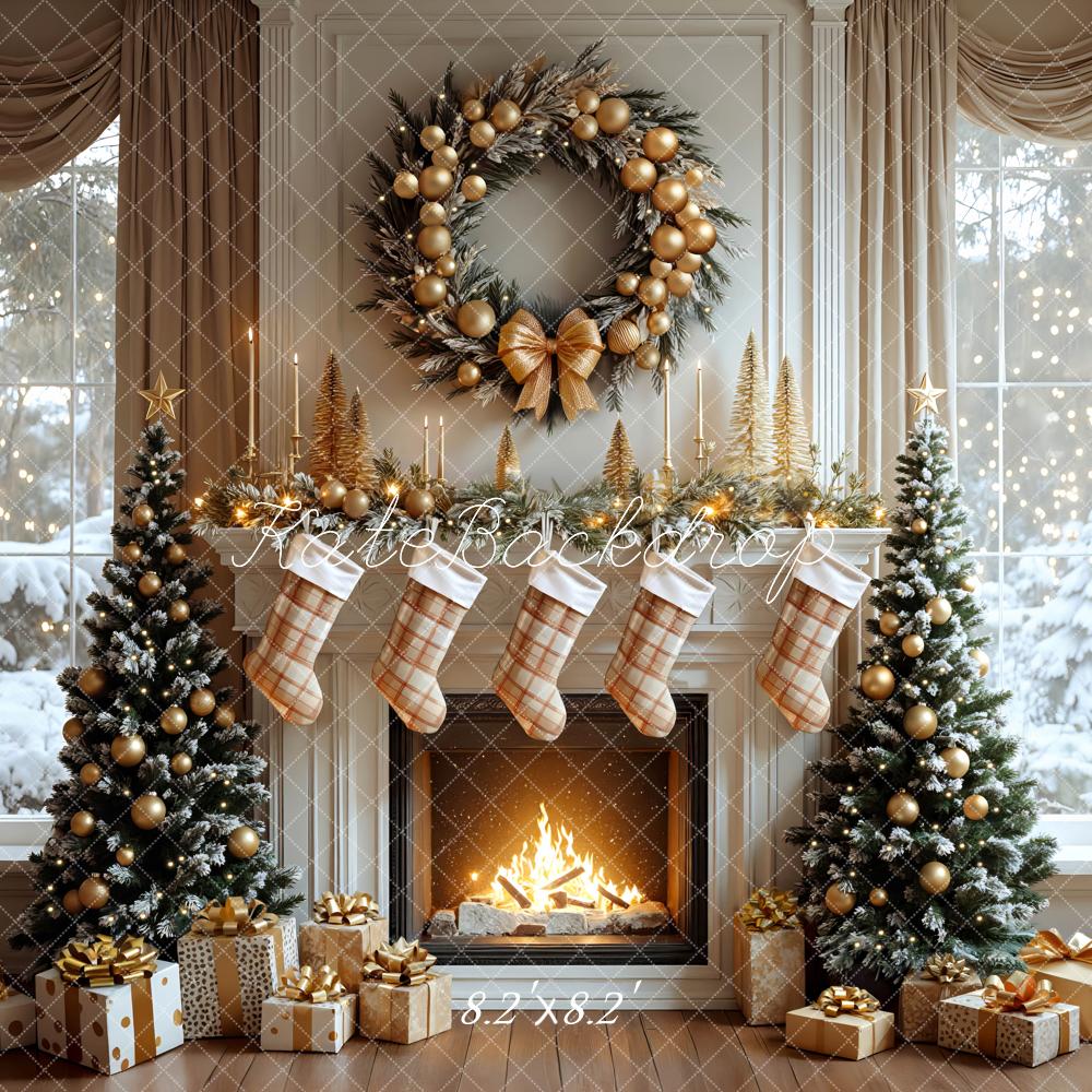 Kate Noël Blanc Cheminée Sapins Cadeaux Toile de fond conçue par Mini MakeBelieve - Kate Backdrop FR