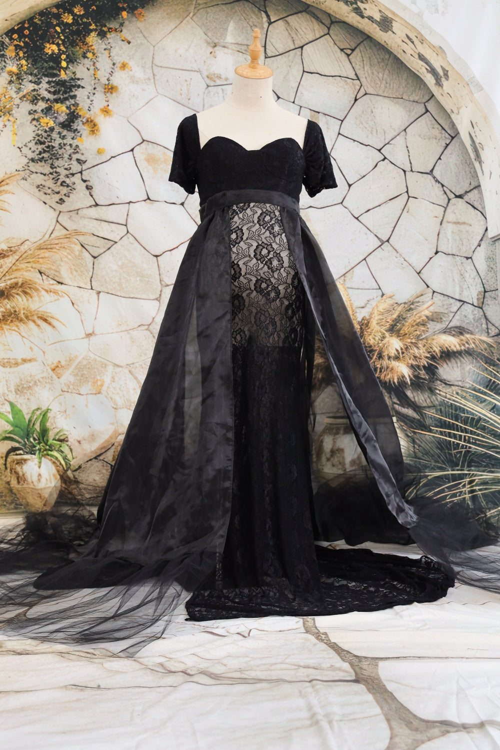 Kate Dentelle Manches courtes Noir Robe de Grossesse pour Séance Photo - Kate Backdrop FR