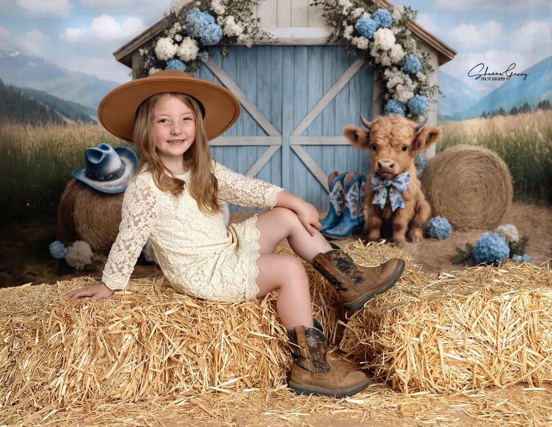 Kate Campagne Grange Vache Guitare Toile de fond conçu par Ashley Paul - Kate Backdrop FR