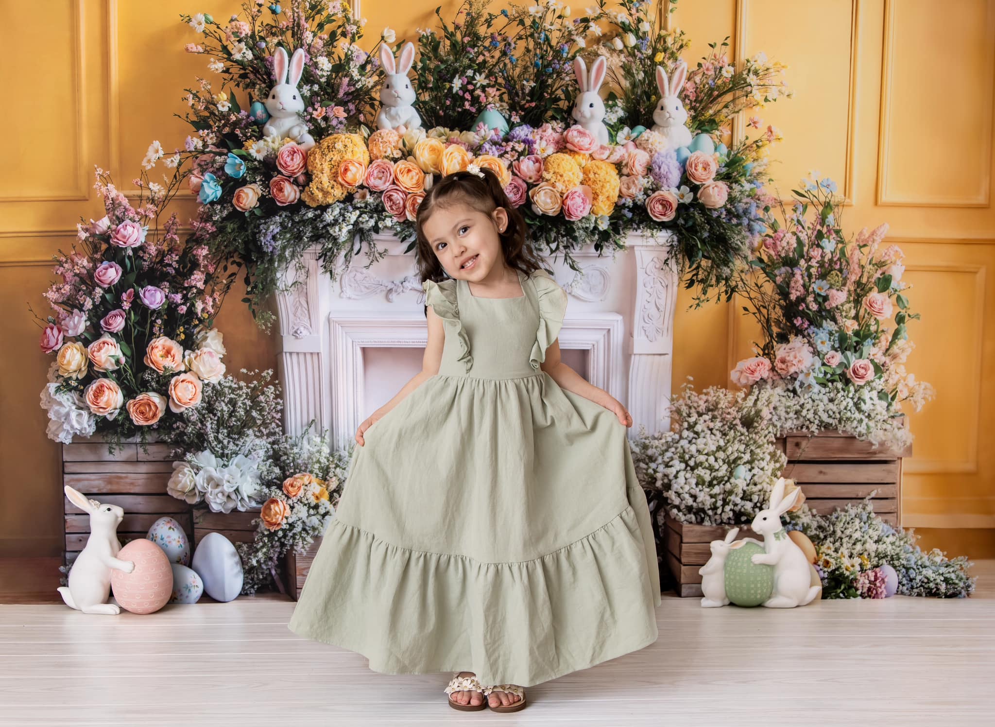 Kate Pâques Lapin Fleur Cheminée Mur Jaune Toile de fond conçue par Emetselch - Kate Backdrop FR